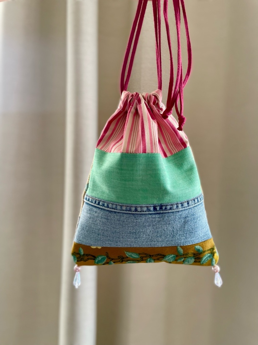Handcrafted Pink & Green Drawstring Women’s Bag